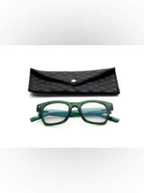 Green Rectangular Women’s Eyeglasses with Black Quilted Case +1.50